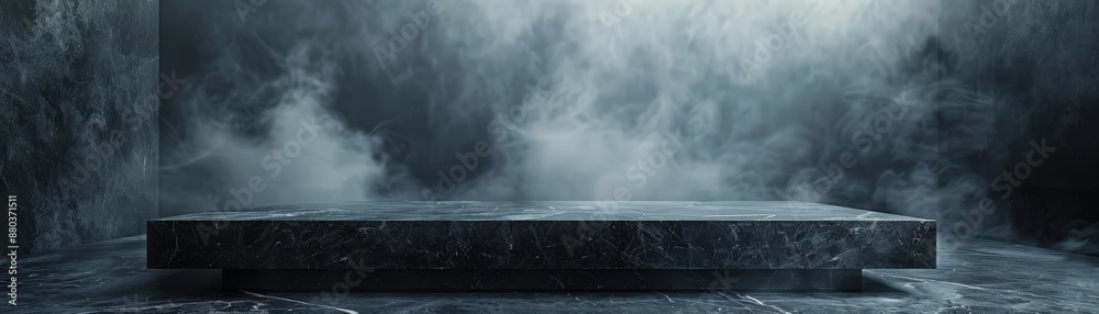 A sleek, dark marble platform surrounded by atmospheric fog, creating a dramatic and mysterious ambiance.