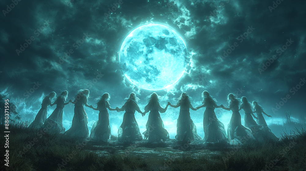Witches in a circle under a full moon, holding hands and chanting, with ethereal light illuminating their faces Witches in a circle under a full moon, holding hands and chanting, with ethereal light illuminating their faces