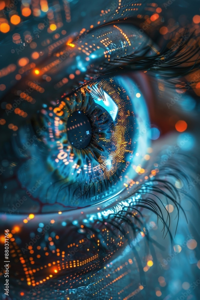 A detailed close-up of a human eye reflecting digital circuitry and glowing lights, symbolizing technology and innovation. A detailed close-up of a human eye reflecting digital circuitry and glowing lights, symbolizing technology and innovation.