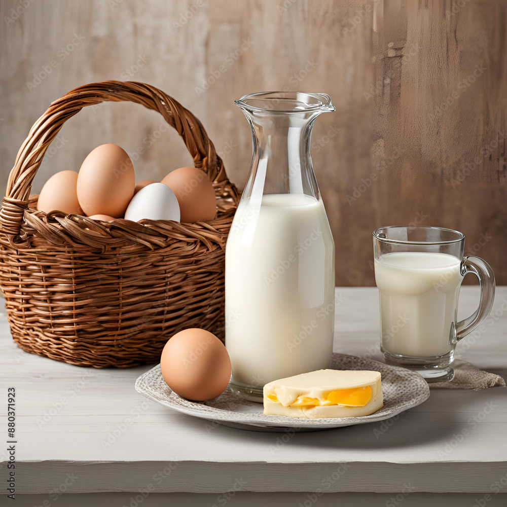 A bottle of milk and a basket of eggs, bread and cheese A bottle of milk and a basket of eggs, bread and cheese