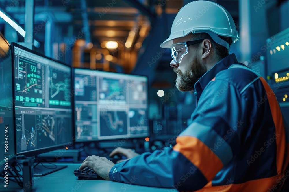 Engineer working on computer in warehouse. Factory worker using computer in warehouse. Engineer working on computer in warehouse. Factory worker using computer in warehouse.