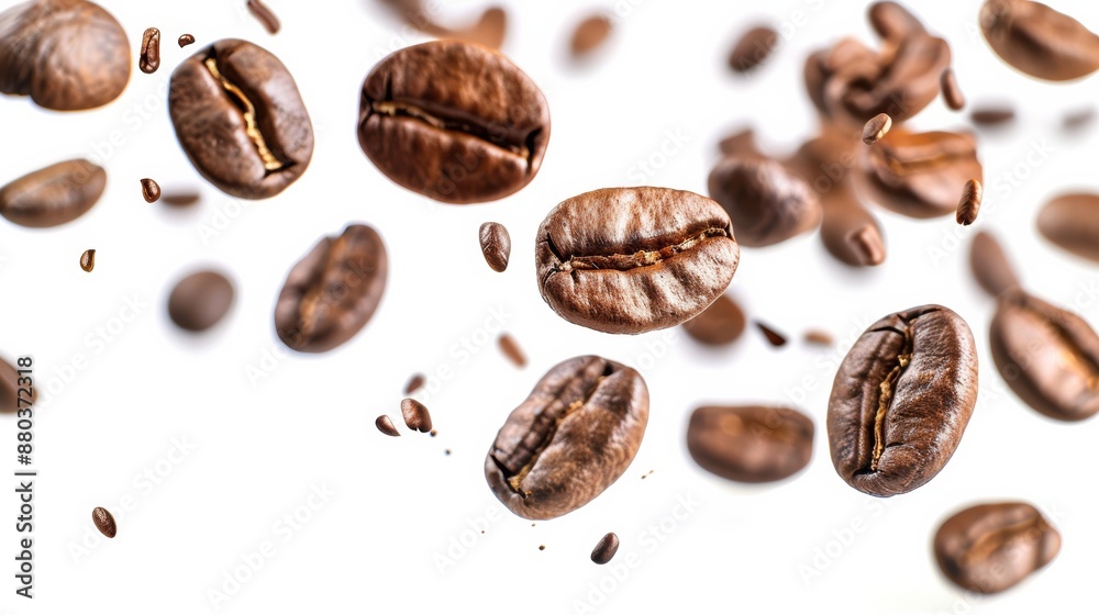 Coffee Bean Explosion: A captivating image of roasted coffee beans suspended in mid-air, creating a dynamic and aromatic visual. The beans are scattered, showcasing their rich. Coffee Bean Explosion: A captivating image of roasted coffee beans suspended in mid-air, creating a dynamic and aromatic visual. The beans are scattered, showcasing their rich.