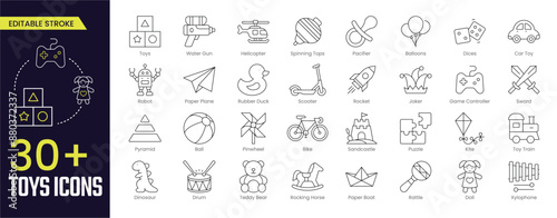 Toys Stroke icon collections. Containing Toys, Pacifier Gun, human, Spinning Tops, Game Controller, Toy Train, Puzzle, Rattle, Rocking Horse, and children icons. Stroke icon collection Outline icon