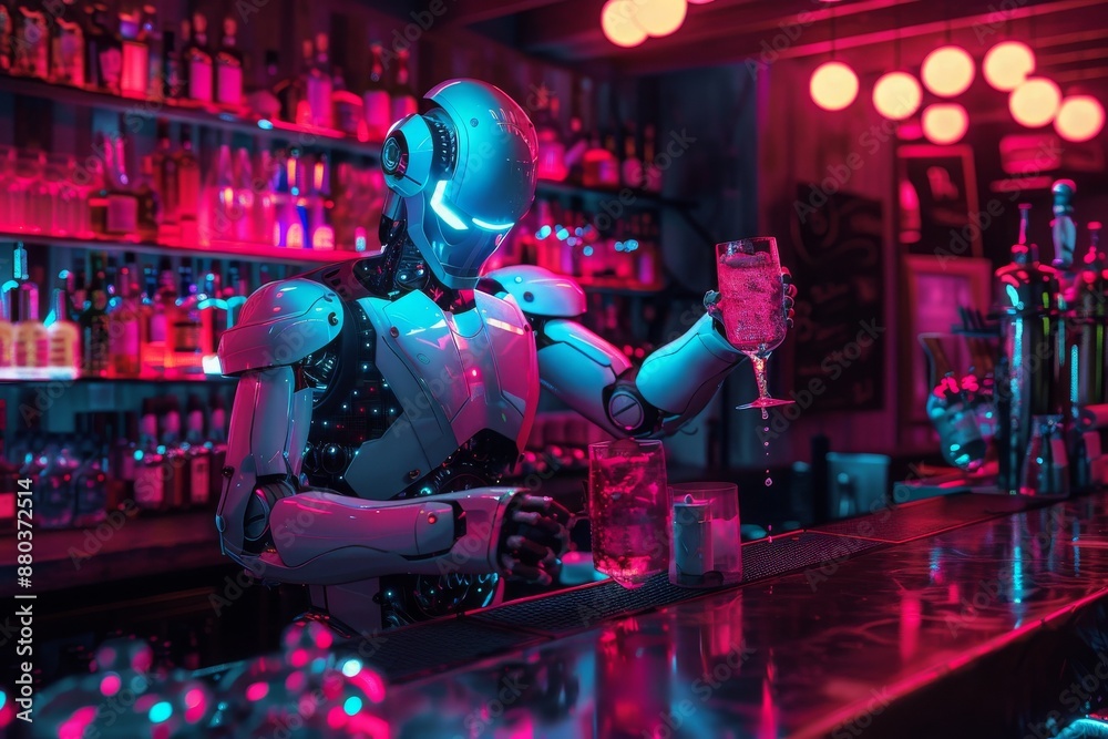 Robot Bartender Mixing Cocktails in a Neon Lit Nightclub