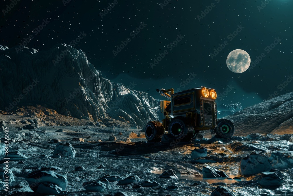 Lunar Rover Exploring a Rocky, Starry Landscape Under a Full Moon Lunar Rover Exploring a Rocky, Starry Landscape Under a Full Moon