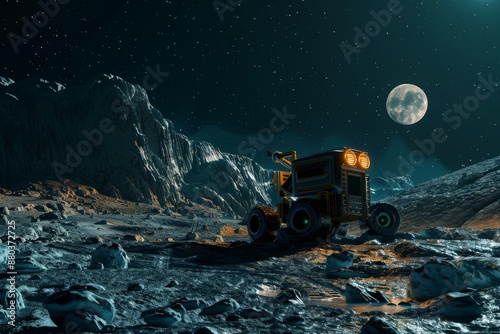 Lunar Rover Exploring a Rocky, Starry Landscape Under a Full Moon