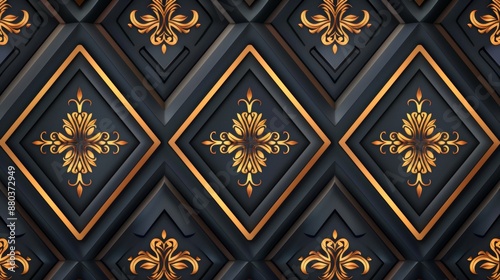 Luxury Geometric Pattern: A luxurious and modern geometric pattern in a dark blue and gold hue. The intricate design features a repeating diamond shape adorned with elegant floral motifs.