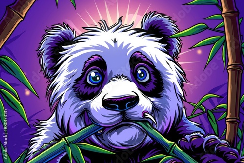 Playful Purple Panda Peeking Through Bamboo photo