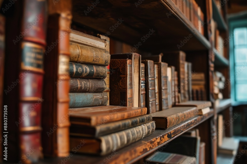 Antique books displayed on shelf in well-lit room, creating warm atmosphere, A bookshelf filled with old, antique books, AI generated Antique books displayed on shelf in well-lit room, creating warm atmosphere, A bookshelf filled with old, antique books, AI generated