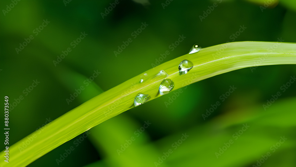 Beautiful close-up of the long leaf with water drops and blurred jungle background Beautiful close-up of the long leaf with water drops and blurred jungle background