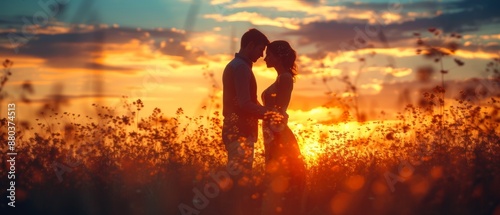 A couple silhouetted against a romantic sunset on meadow field 