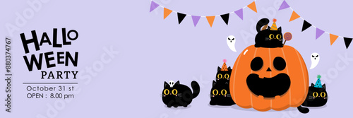 Happy halloween party invitation card with spooky pumpkin, cute black cat and ghost. Holidays cartoon character. -Vector
