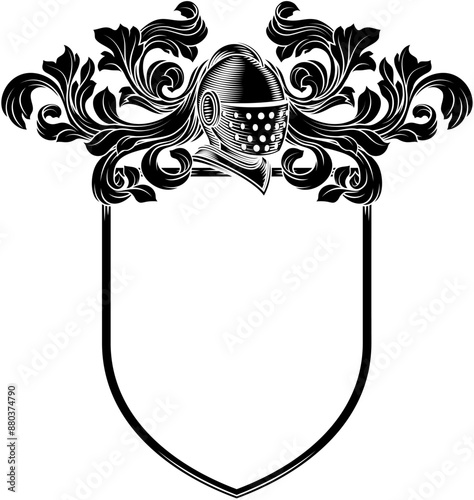 Coat of arms crest knight family medieval shield heraldry heraldic armorial motif. Featuring a knights helm helmet in a vintage etching engraving woodcut style