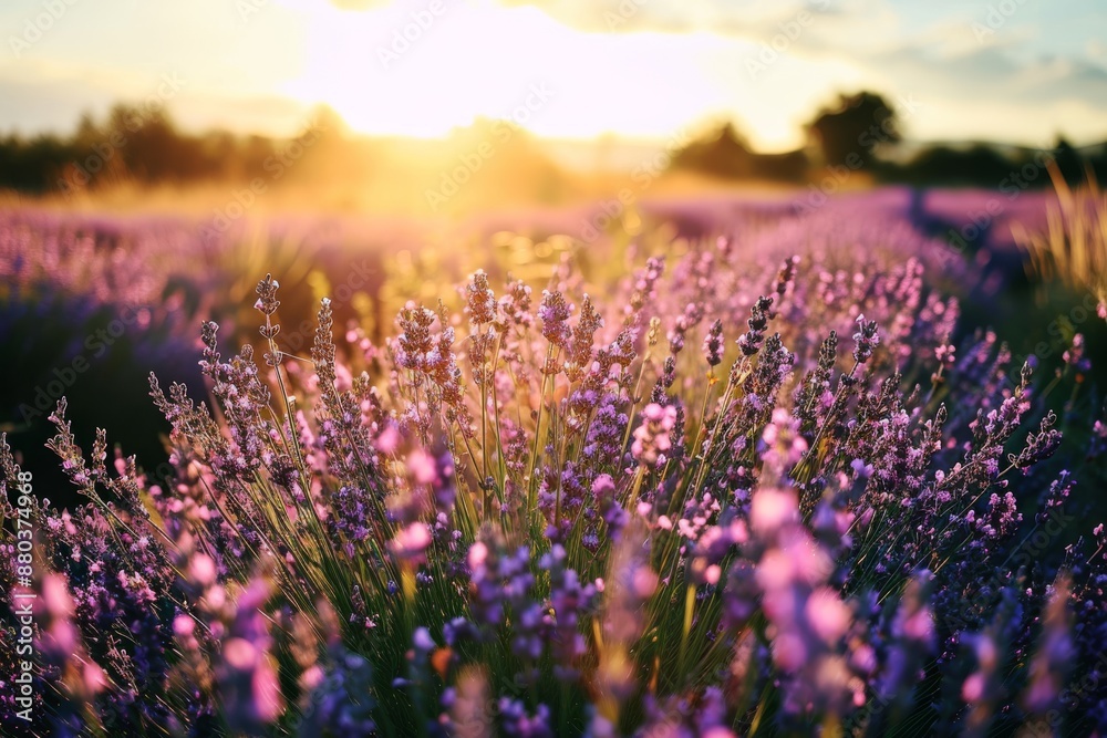 Fototapeta premium Sun-drenched lavender fields in full bloom, A blooming field of lavender under a sunny sky, AI generated