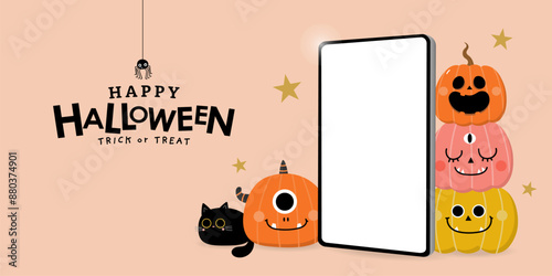 Happy halloween banner with cute monster pumpkin and black cat. Holidays cartoon character. -Vector
