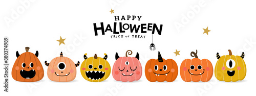 Happy halloween party invitation card with cute monster pumpkin. Holidays cartoon character. -Vector