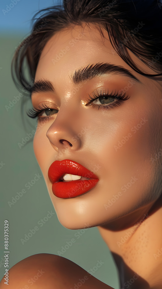Young woman with bright color eye makeup and red lips creative fashionable photo Young woman with bright color eye makeup and red lips creative fashionable photo