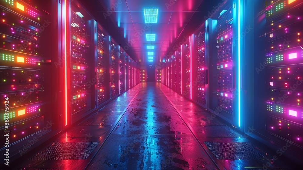 Futuristic Data Center with Neon Lights - Generative AI Futuristic Data Center with Neon Lights - Generative AI