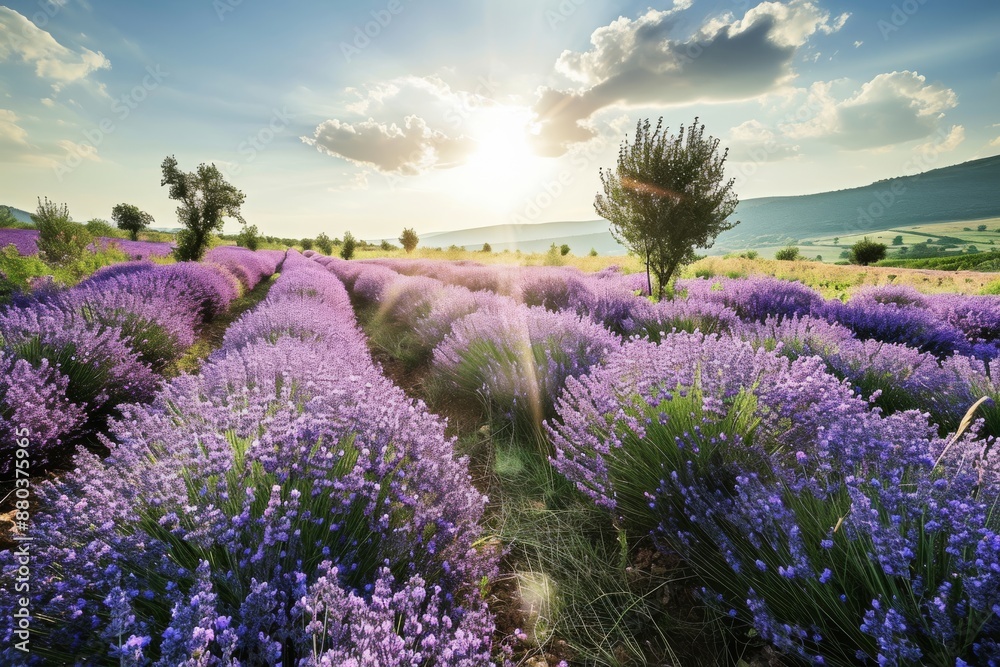 Fototapeta premium lavender fields under the bright sun, A blooming field of lavender under a sunny sky, AI generated
