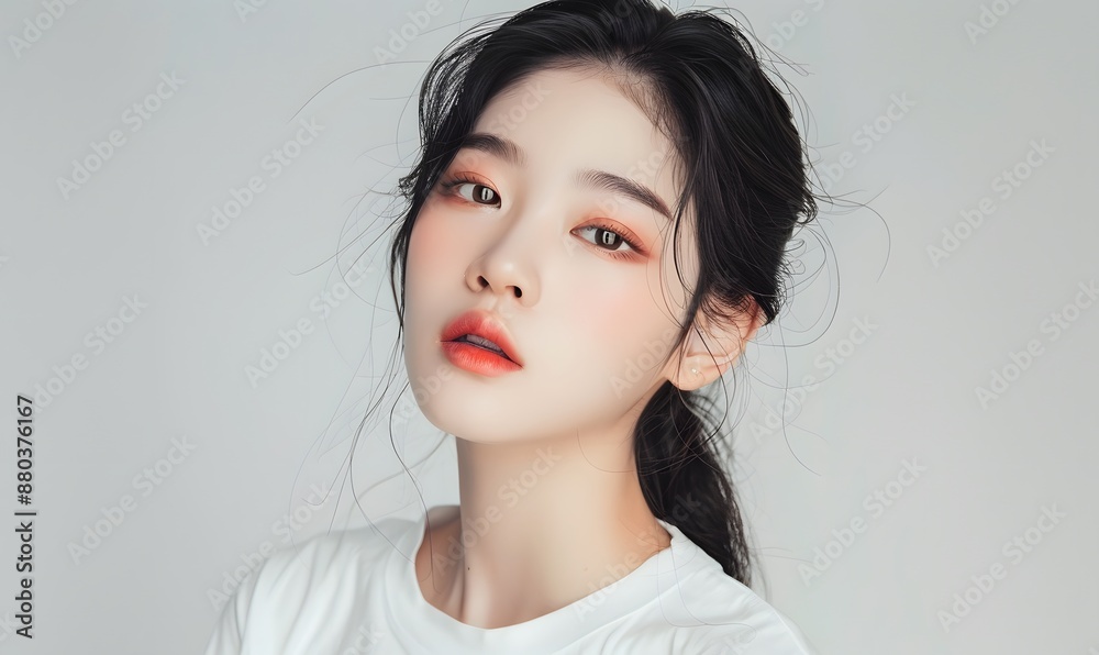 Beautiful Korean woman wearing an white t-shirt, Generative AI Beautiful Korean woman wearing an white t-shirt, Generative AI