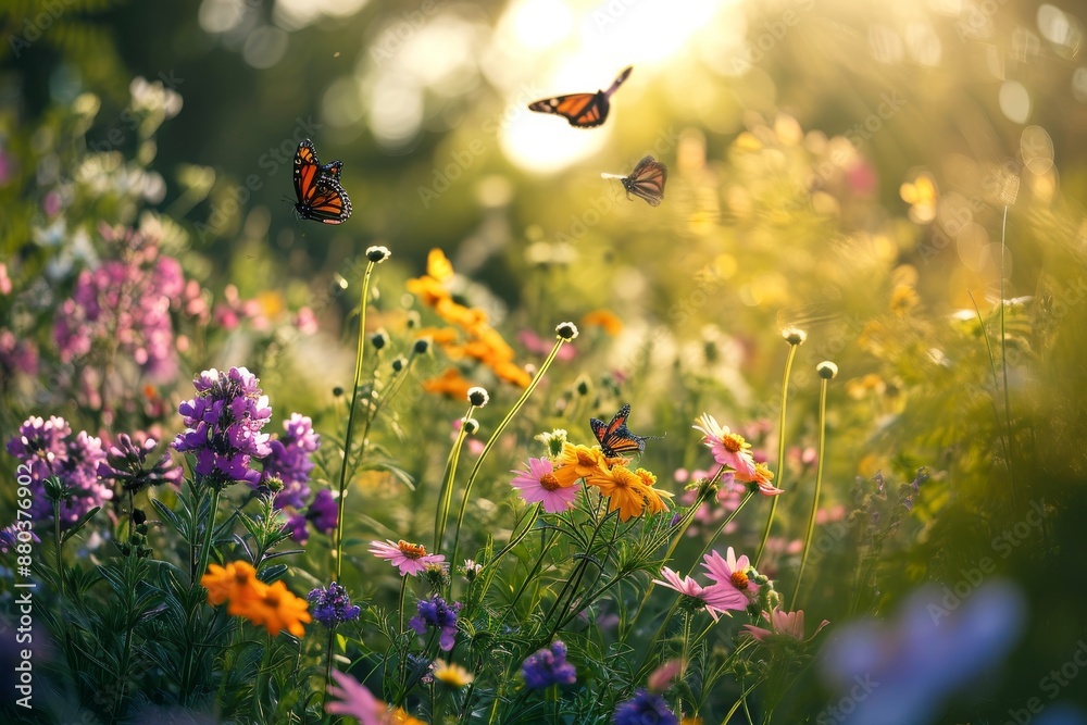 Colorful butterflies fluttering among vibrant flowers in a lush garden, A beautiful garden with blooming flowers and fluttering butterflies, AI generated