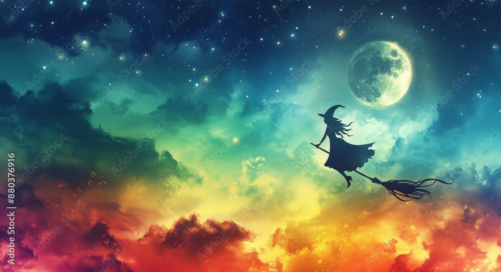 silhouette of a witch in a hat flying on a broom under the moonlight, bright multicolored colors, Halloween background silhouette of a witch in a hat flying on a broom under the moonlight, bright multicolored colors, Halloween background
