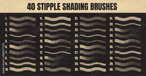 Stipple scatter brush, ink drawing and texturing. Fading gradient. Stippling, dotwork drawing, shading using dots. Halftone disintegration effect. White noise grainy texture. Vector illustration