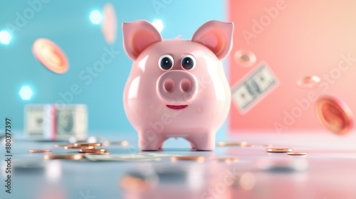 A 3D cartoon piggy bank with big, happy eyes and a shiny pink surface, standing on a table with dollar bills and coins scattered around.