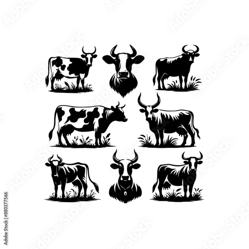 bull and cow silhouette set black and white
