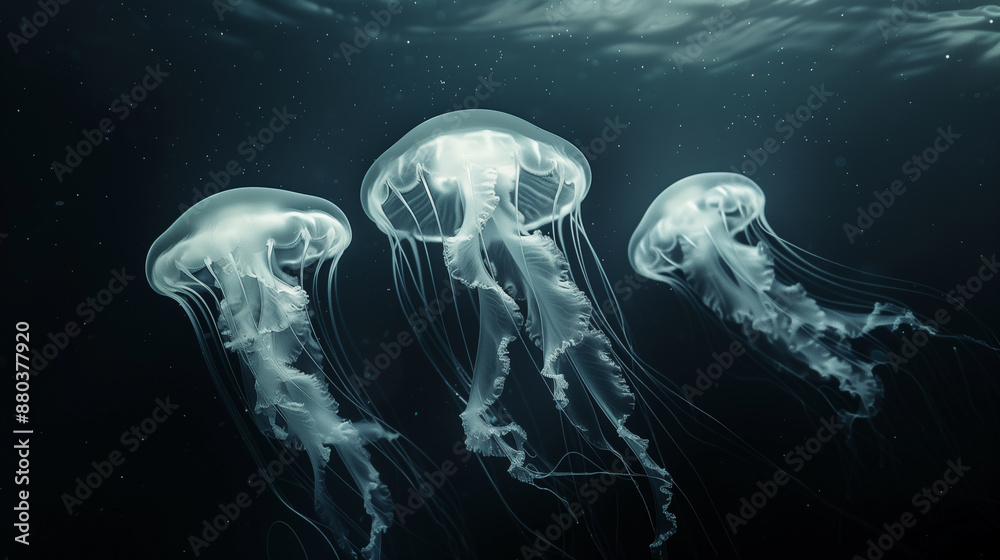 Obraz premium Beautiful colorful jellyfish swimming in the deep sea
