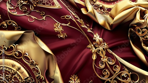 An exquisite royal abstract background featuring a combination of burgundy and gold, with ornate scrollwork and regal insignias