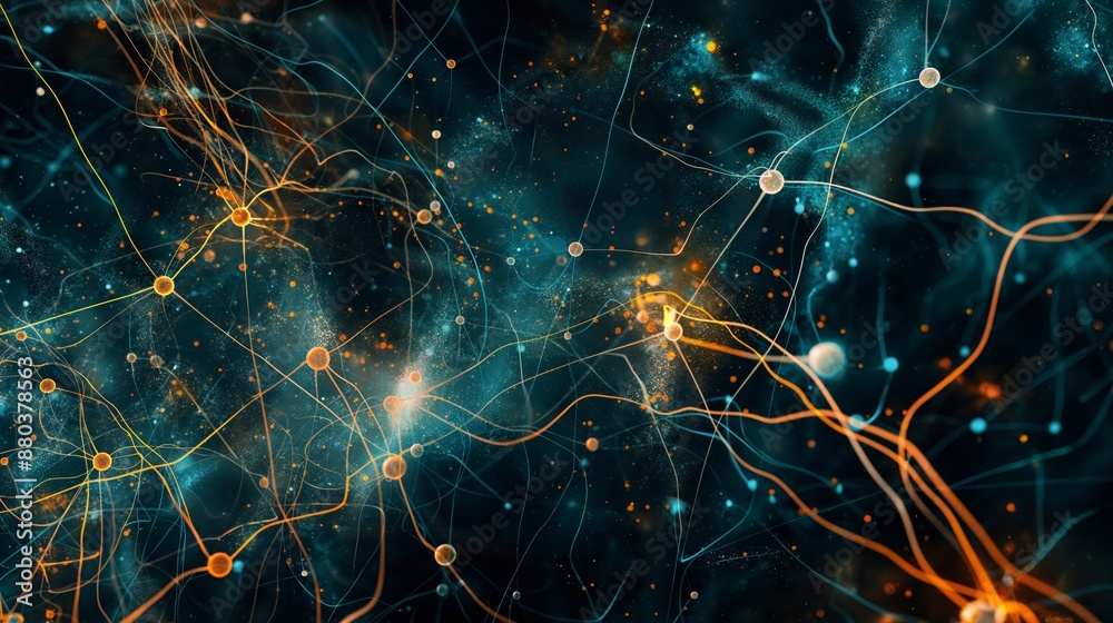 A colorful image of many lines and dots, with some orange and blue dots. Neural network concept. Digital background ideal for technological operations A colorful image of many lines and dots, with some orange and blue dots. Neural network concept. Digital background ideal for technological operations