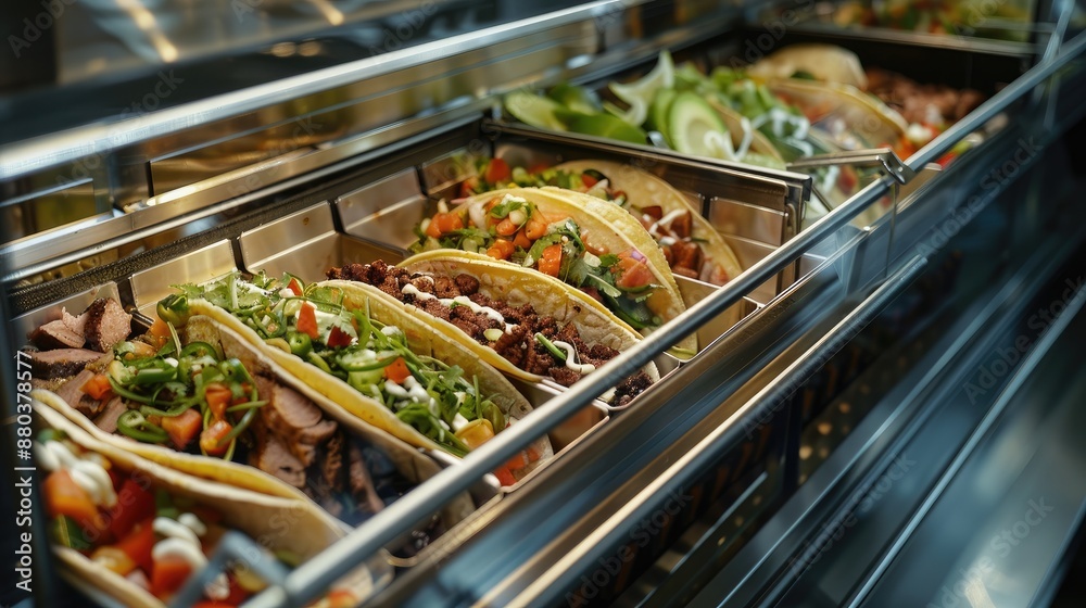 An automated build-your-own taco station with a selection of meats and veggies An automated build-your-own taco station with a selection of meats and veggies