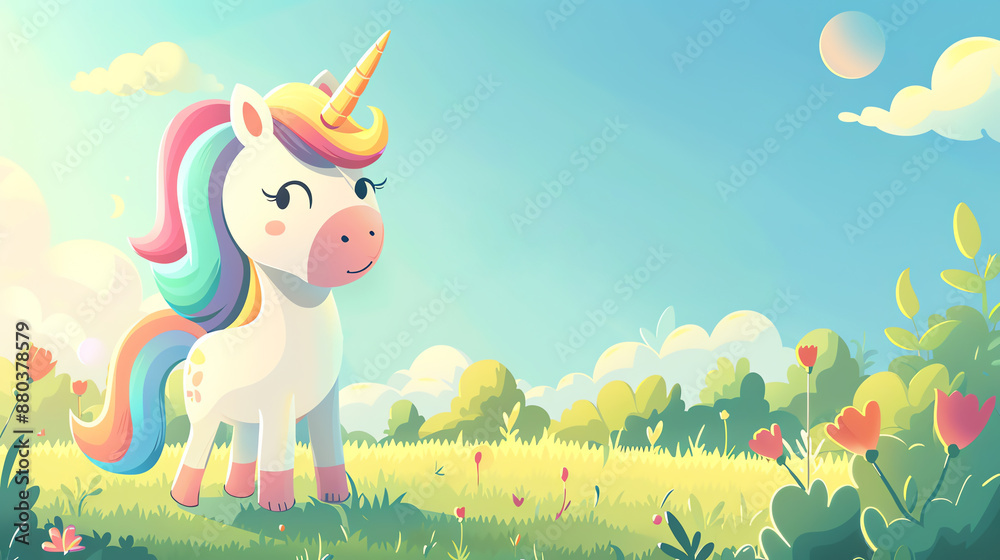 Fototapeta premium A whimsical cartoon unicorn with colorful mane, standing in a meadow with a bright blue sky and fluffy clouds, cute style, pastel colors, 2D illustration