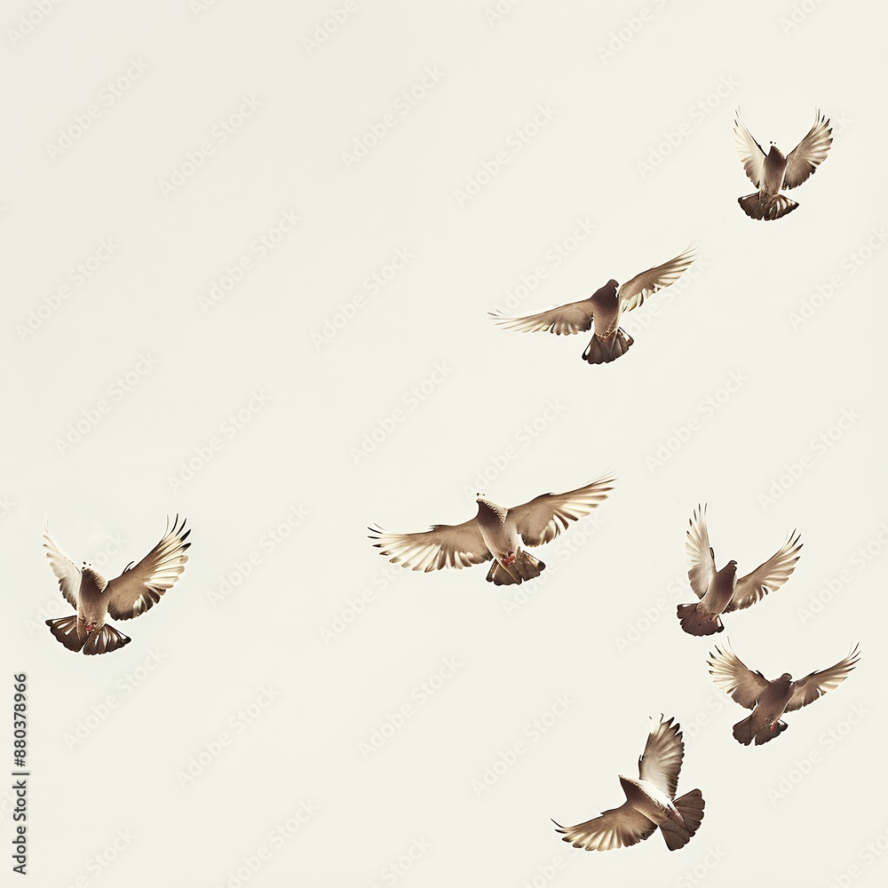 Obraz premium photo of A group of doves flying in the sky, white background 