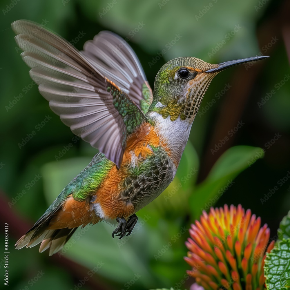 Fototapeta premium Macro of a Hummingbird in Flight- Capture the intricate details of a hummingbird mid-flight