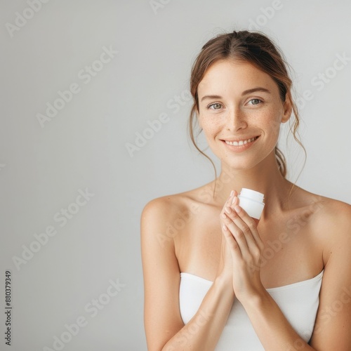 A woman in a half-body view, with visible arms, applying a protective cream for sensitive skin. The background is isolated on a white background in a high-resolution photographic style.