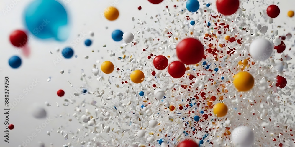 White and bright abstract background with explosion of colorful particles and drops of liquid paint color in foreground, random wallpaper design