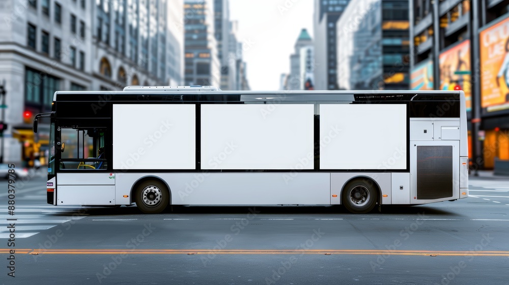 Fototapeta premium High-resolution photo of a city bus with empty advertising panels, captured in a vibrant downtown area, realistic urban setting, focus cover all object