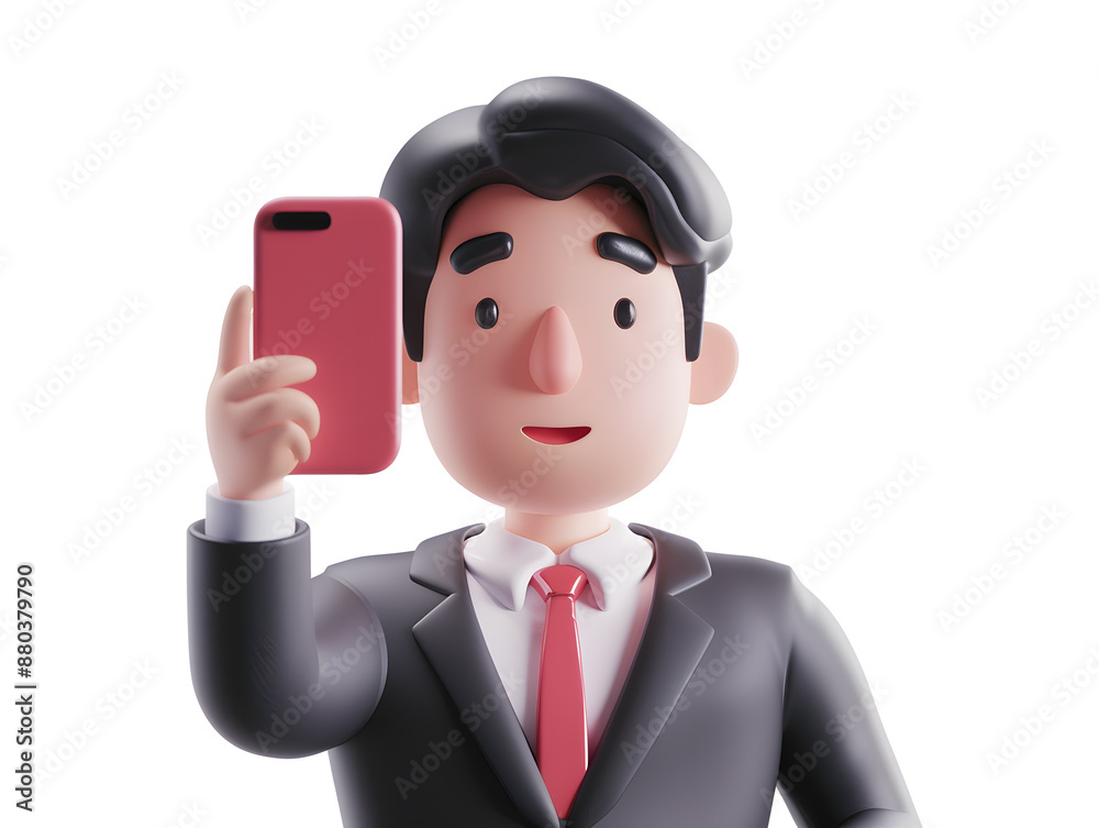 3d cartoon man in suit and tie holding cell phone and taking a selfie isolated on white background