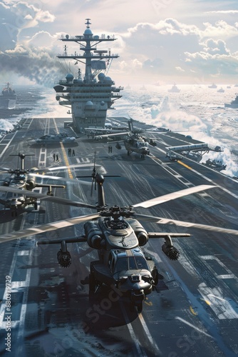 A photorealistic depiction of an Attack Helicopters AH-64 Apache refueling on the deck of an aircraft carrier The vastness of the open ocean surrounds