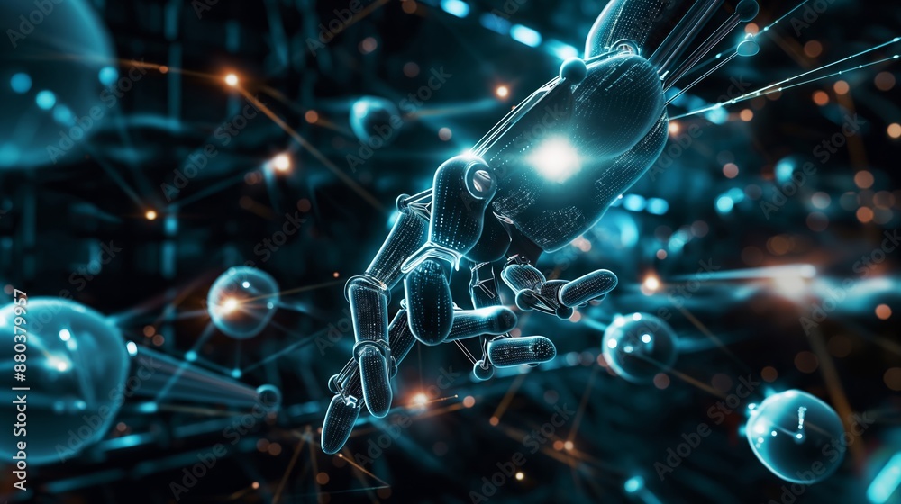 Obraz premium A robot hand is reaching out to touch a cluster of glowing orbs. Neural network concept. Digital background ideal for technological operations
