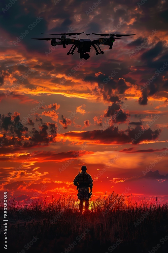 Fototapeta premium A small tactical drone hovering above a lone soldier silhouetted against a dramatic sunset