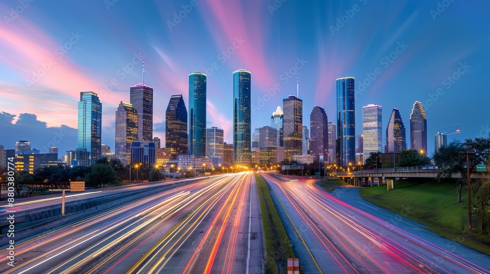 Fototapeta premium Dazzling cityscape images during twilight hours, capturing iconic landmarks, illuminated skyscrapers