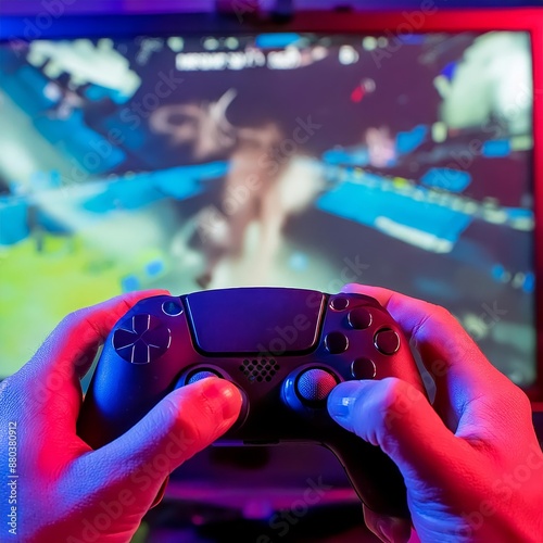 Gaming Controller being held by Player - Playing a Game on a Game Console on a Big Screen - Lit by Neon colored Light - Streamer streaming and playing a Racing Adventure Game, Hands holding a Joystick photo