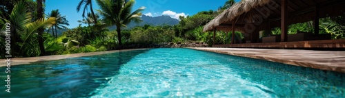 Tropical Paradise Poolside with Mountain View and Lush Greenery Under Clear Blue Sky