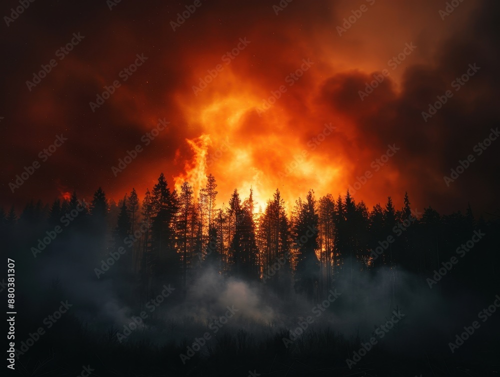 Intense Forest Fire with Dramatic Flames and Smoke in a Dense Woodland Area at Night Intense Forest Fire with Dramatic Flames and Smoke in a Dense Woodland Area at Night