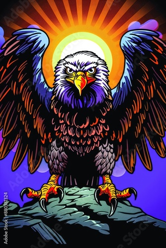 Illustration of an eagle with outstretched wings perching on a rock under the sun photo