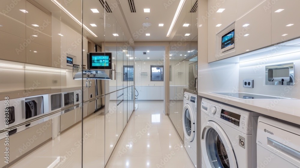 An ultra-modern laundry room with floor-to-ceiling mirror walls, white high-gloss cabinetry, and appliances with touch-screen controls and LED displays An ultra-modern laundry room with floor-to-ceiling mirror walls, white high-gloss cabinetry, and appliances with touch-screen controls and LED displays