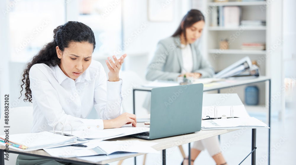 Confused, woman or stress in office for finance, company debt or error in document for business. Female bookkeeper, frustrated or shrug at desk for budget crisis, filing mistake or investment fraud Confused, woman or stress in office for finance, company debt or error in document for business. Female bookkeeper, frustrated or shrug at desk for budget crisis, filing mistake or investment fraud